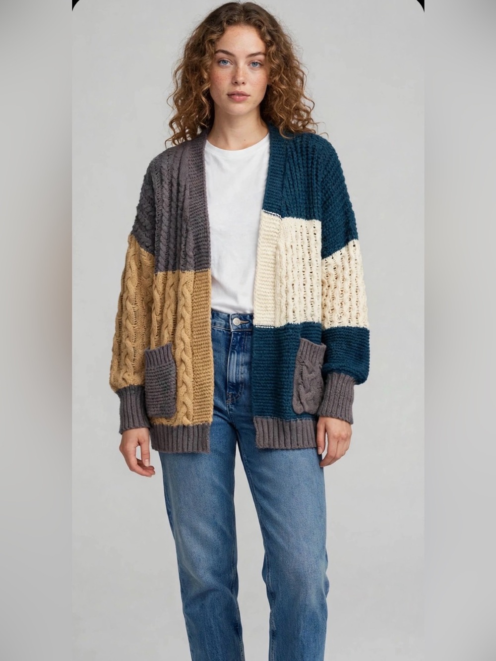 ADORA Colorblock Cable Knit Cardigan - Gray, Cream, Teal, Tan
